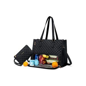 Stylish Black Quilted Laptop & Lunch Tote Bag 15.6" With Insulated Compartment W